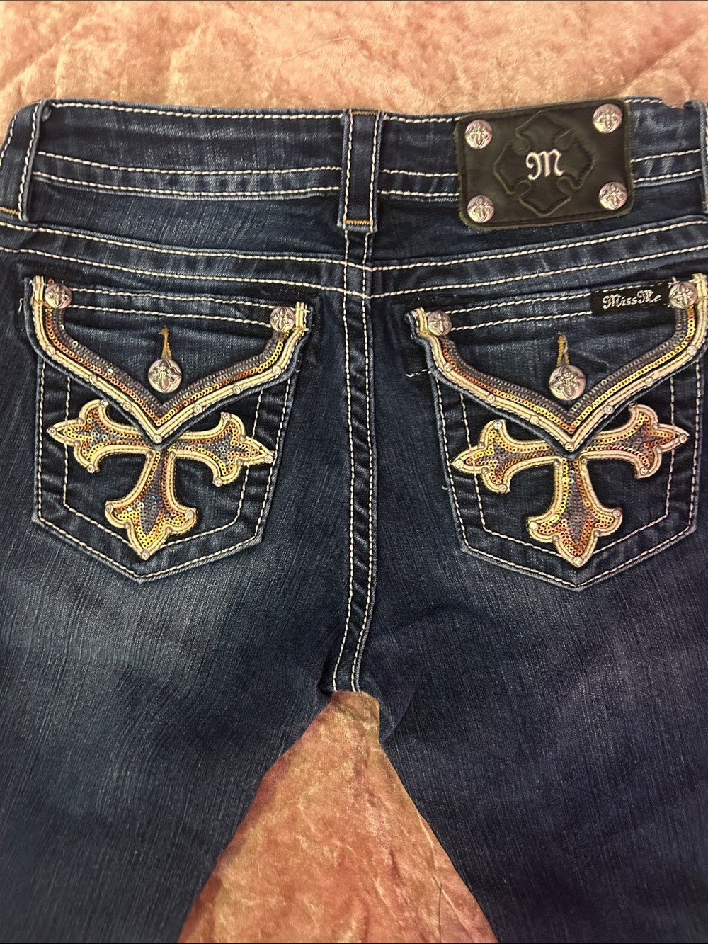 Miss Me Dark Blue Signature skinny Jeans with Gold Embellished Pockets